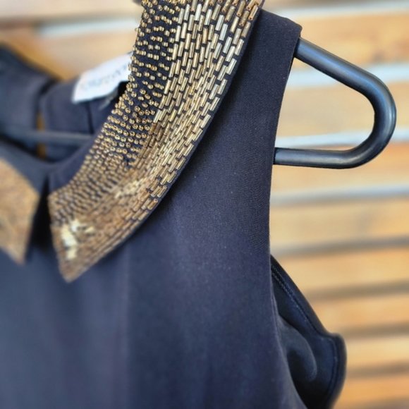 Howard Showers midi dress size 10 black stretch knit embellished gold collar - Picture 5 of 10